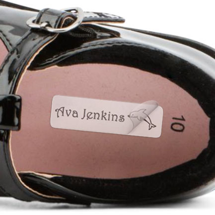 Stick-on labels on shoe